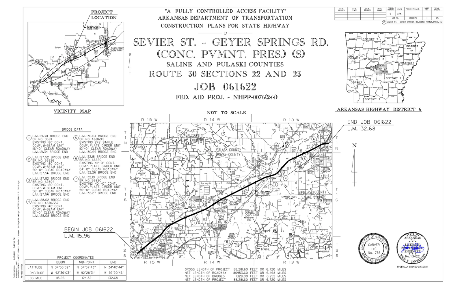 Engineering blueprint showing the route and construction plans for Sevier St. and Geyer Springs Rd. in Arkansas, including maps, notes, and project details for highway work in Saline and Pulaski counties.