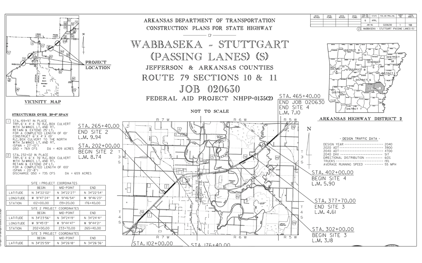 Black and white highway construction plan for Route 79 sections in Jefferson and Arkansas counties, Arkansas. Includes maps, project details, traffic data, and location within the state. Labeled with job number and design notes.