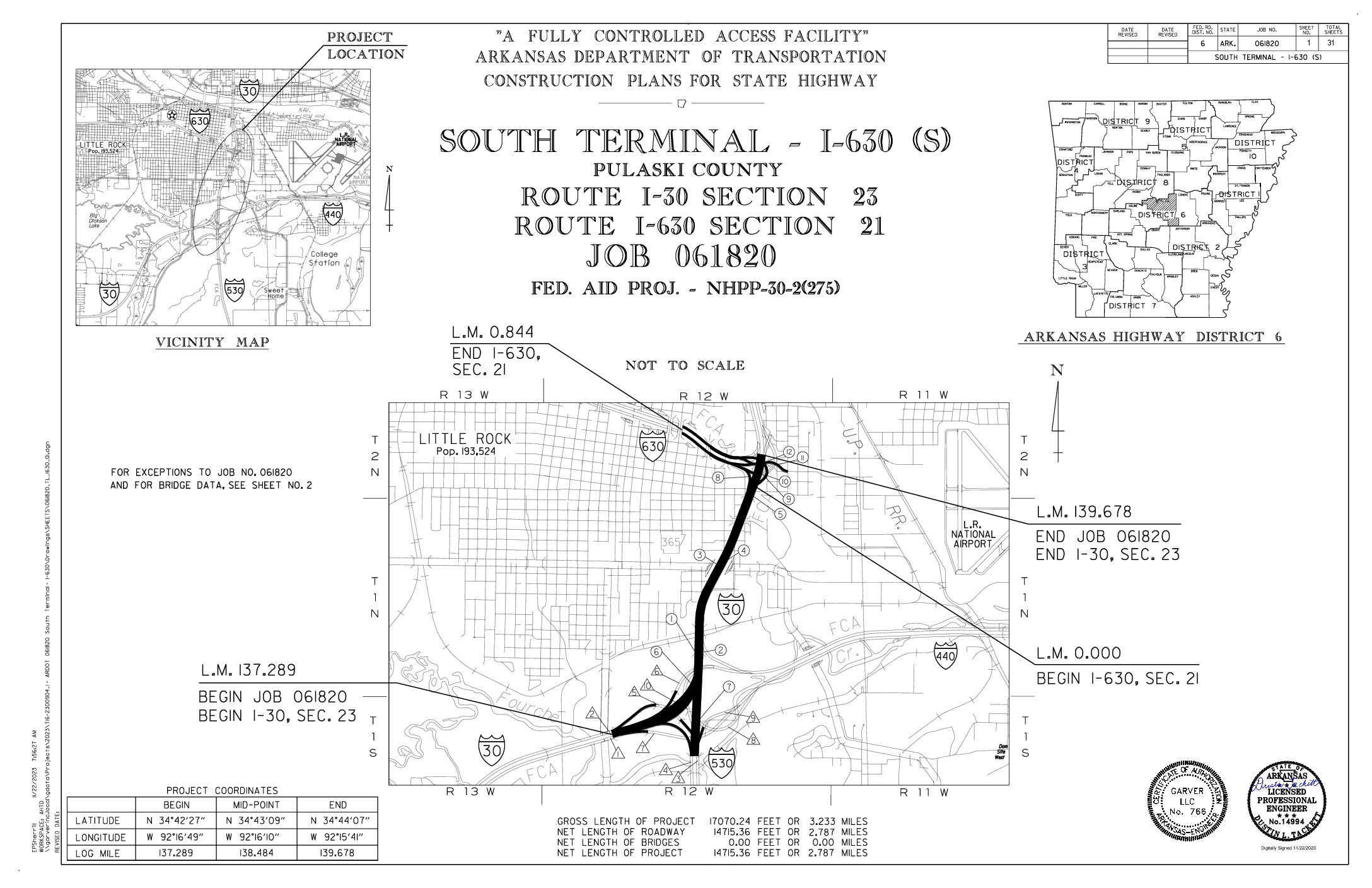 Engineering blueprint showing the route and construction plans for Sevier St. and Geyer Springs Rd. in Arkansas, including maps, notes, and project details for highway work in Saline and Pulaski counties.